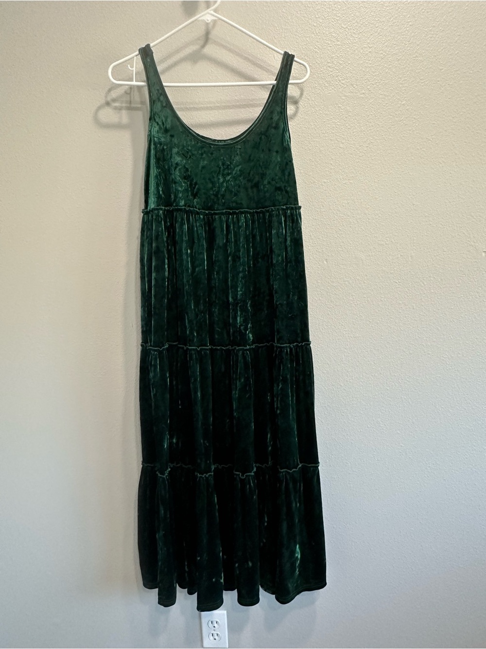 Natural Life Karlie Sleeveless Velvet Tiered Maxi Dress in Deep Green,pockets
